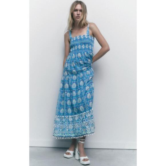 ZARA Long Printed Dress Floral Embroidered Square Neck Smocked Ruffle Maxi, Blue - Picture 3 of 16